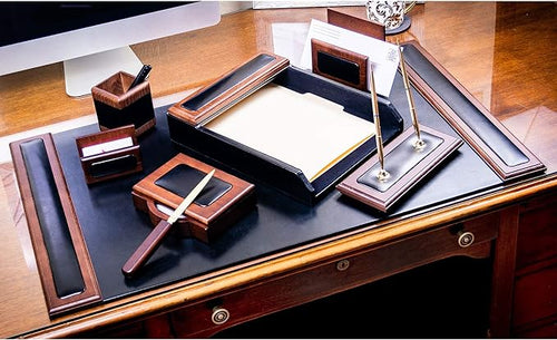 DACASSO Wood & Leather Desk Set - Luxury Leather Desk Pad & Desk Organization Essentials